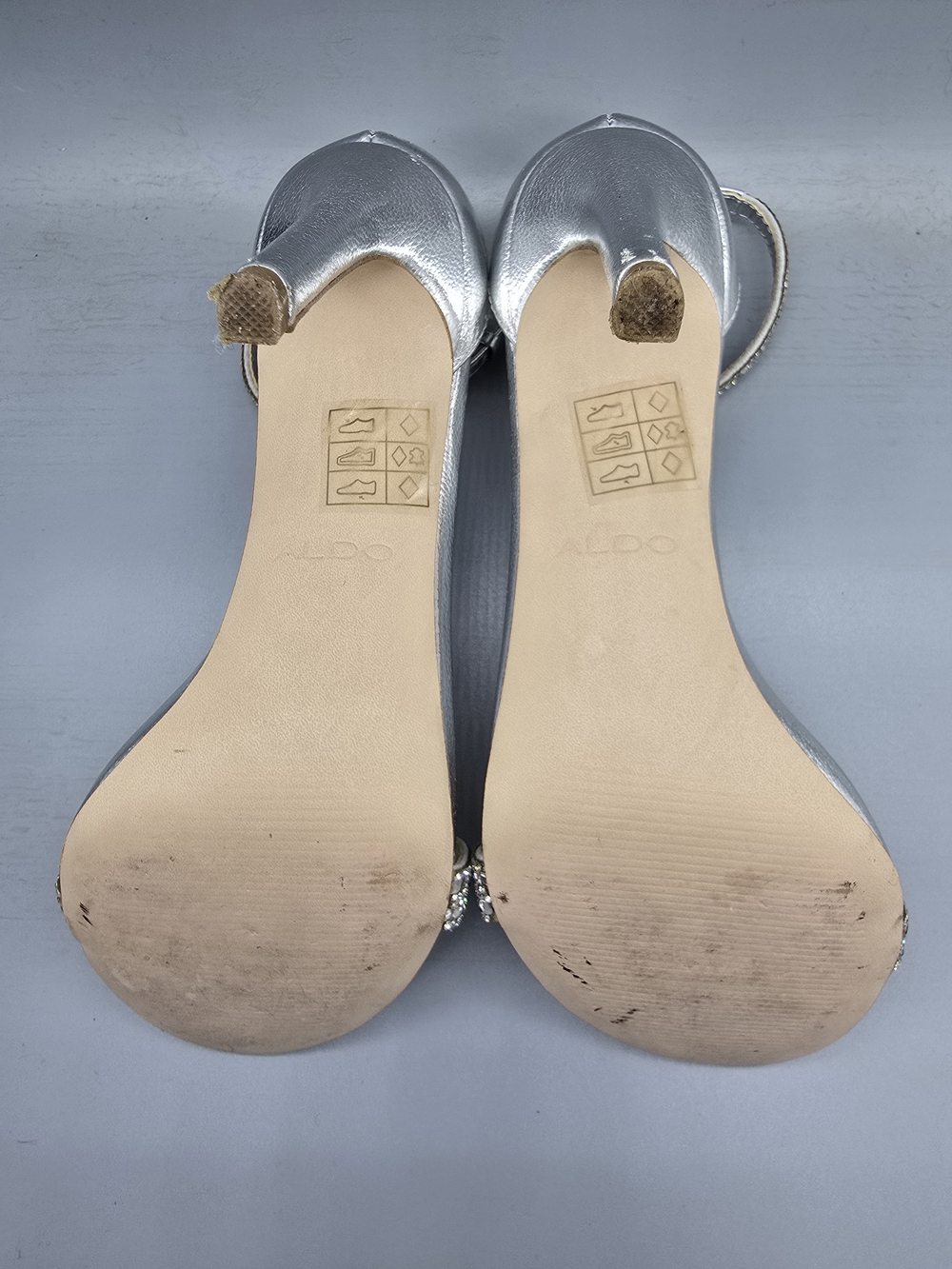 Aldo Silver Rhinestone Ankle-Strap Heels with Yellow Insole - Picture 3 of 3